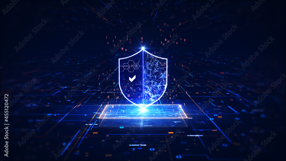 Fototapete cyber security technology concept. Protecting digital information networks. There is a shield in the middle with a dark blue background.