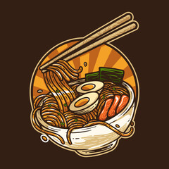 Japanese ramen noodle traditional food vintage illustration vector