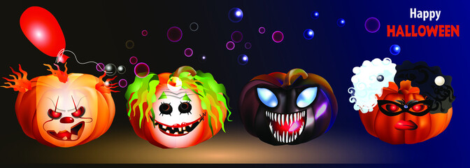 Cute Pumpkins Masked Movie Heroes Set Of Holiday Stickers Also Can Be Used As Banner Or Flyer