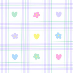 Cute Element Heart Flower Rainbow Pastel Gingham Pattern Editable Stroke. Cartoon Illustration Cloth, Mat, Fabric pattern, Textile, Scarf, Wrapping Paper.