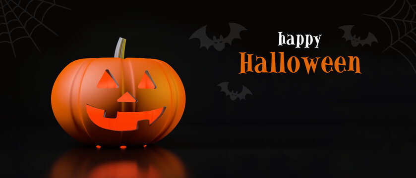 Happy Halloween banner or party invitation background with pumpkin and black background