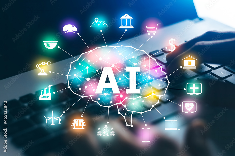Poster ai and iot concepts of business, businessman working on a laptop computer for artificial intelligenc