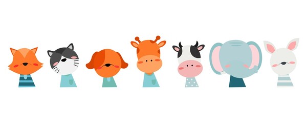 Cute animals banner. Vector illustrations for nursery design, poster, greeting cards. Fox, cat, dog, giraffe, elephant, cow, rabbit. - Vector