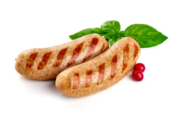 Roasted bbq sausages, isolated on white background.