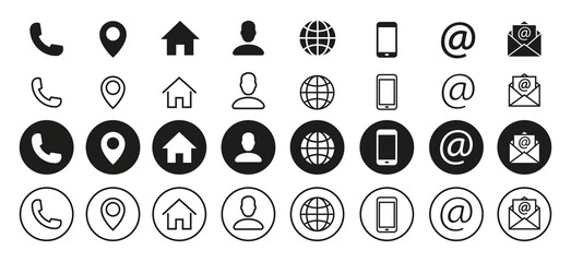 Contact information icons set. Communication vector icon symbol, sign. Modern flat button with black contact information icons for web page design. - obrazy, fototapety, plakaty