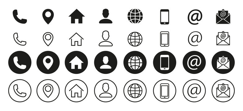 Contact information icons set. Communication vector icon symbol, sign. Modern flat button with black contact information icons for web page design.