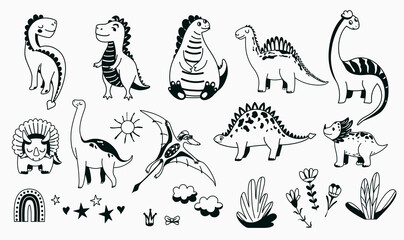 Dino cute icon vector illustration set with animal baby dinosaurs and design elements in sketch graphic outline style isolated on light background. Kid character monsters for cool nursery prints © zaie