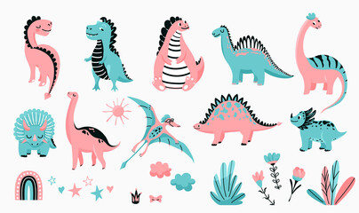 Dino cute vector illustration set with animal baby dinosaurs and design elements in flat cartoon scandinavian trendy style isolated on white background. Kid character monsters for cool nursery prints © zaie
