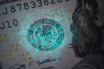 Safety and new technologies in us dollar banknotes. Close-up shot of one hundred us dollar bill. Concept of new technology, NFT, crypto, exchange