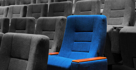 Modern cinema hall empty and blue grey comfortable seats