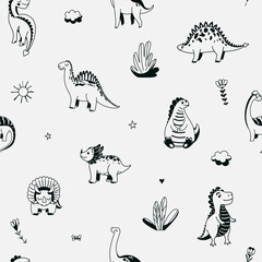 Cute dinosaurs seamless vector pattern with outline graphic dino, leaves, cloud, flower, star on grey background. Cool kid nursery print design in scandinavian style