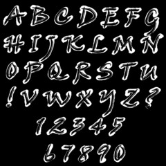 Vector set: capital letters of the Latin alphabet, exclamation, question marks and numbers: 1, 2, 3, 4, 5, 6, 7, 8, 9, 0. White and black elements on a black background.