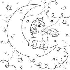 The unicorn stands on the moon against the background of the starry sky and clouds. Coloring book page. Vector illustration on white background.