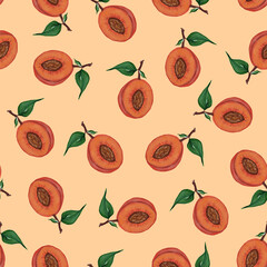Seamless pattern with halves of peaches with seeds and a green leaf on a light background. Watercolor illustration. Tropical fruits. For printing on fabric, packaging.