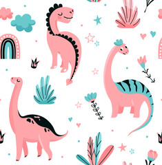 Cute dinosaurs seamless vector pattern with dots, crown, flower, rainbow, cloud, leaves. Cool kid nursery print design in scandinavian style