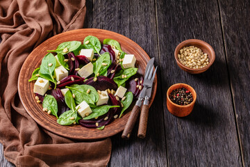 roasted beet salad with feta, spinach, pine nuts