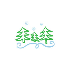 Christmas green trees and blue snowflakes.Blue ribbon with curls. Doodle sketch line style, hand drawing, minimalism. Isolated object on a white background.Colored curve outline.Vector illustration