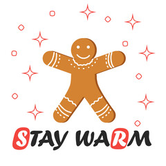 red striped Christmas and New Year's minimal simple postcard with gingerbread man and space for your text.