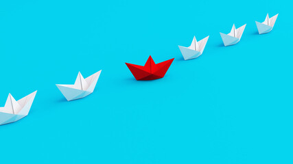 White paperboats in one direction with one red paperboat changing direction on cyan background....