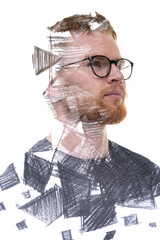 A portrait of a man combined with abstract geometric shapes.