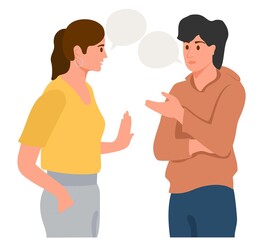 Fototapeta premium Young couple talking together. Positive communication of multinational friends. People communicating. People conversation with speech bubbles. Flat vector cartoon illustration isolated on white