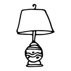 Vector lamp under a lampshade on an oval base with a pattern . Vector insulated table lamp with a pattern of lines and stripes drawn in the style of doodles with a black line on a white background for