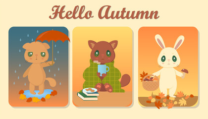 set of bright autumn cards with cute animals: gloomy cat is holding umbrella in rain, happy kitten under blanket is drinking hot tea, bunny is picking mushrooms in autumn forest. Vector illustration