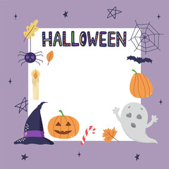 Hand drawn invitation template for Halloween party. Colorful Vector illustrations isolated on purple.