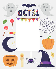 Cute hand drawn invitation template for Halloween party. Colorful vector illustration isolated on gray background.
