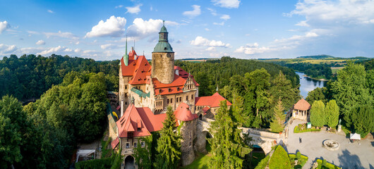 Aerial panorama of Czocha (Tzschocha) medieval castle in Lower Silesia in Poland. Built in 13th...