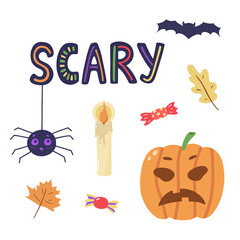 Bright halloween illustrations. Hand drawn cute illustrations isolated on a white background. Angry pumpkin, funny spider, bat, leaves, candy and candle.