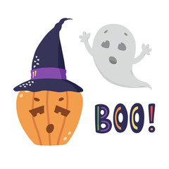 Boo! Pumpkin in witches hat and cute ghost. Hand drawn vector illustrations isolated on white.