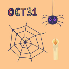 Hand drawn Halloween illustrations isolated on a orange background. Spider, web and candle. October 31.