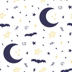 Obraz na płótnie Canvas Cute night seamless pattern with bats. Hand drawn illustration isolated on a white background. Good for Halloween.