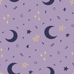 Cute night seamless pattern. Hand drawn illustration isolated on a violet background.