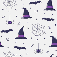 Cute halloween pattern with hats, spider and bats. Hand drawn illustration isolated on a gray background.