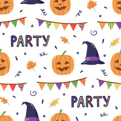 Funny halloween pattern with cute pumpkins illustrations. Hand drawn vector illustration isolated on white.
