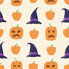 Colorful pattern with halloween illustration. Hand drawn vector illustration isolated on beige.