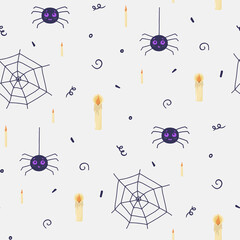 Cute halloween pattern. Spider, web, candles for halloween wrapping. Hand drawn vector illustration isolated on a grau background.