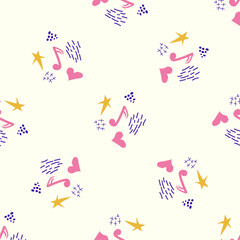 Cartoon cute doodles hand drawn Musical seamless pattern. Colorful detailed, with lots of objects background.