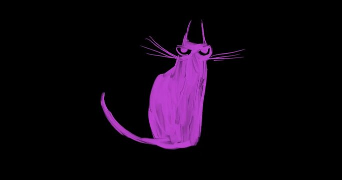 Pink cat halloween displeased waving its tail on a white background