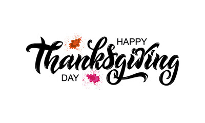 Happy Thanksgiving day handwritten text isolated on white background. Modern brush ink calligraphy. Vector illustration, hand lettering. Greeting holiday design for print, card, shirt, banner, poster