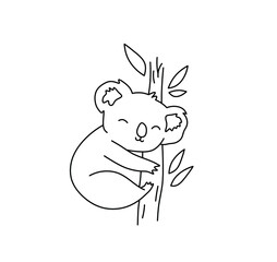 Vector isolated cute cartoon sleeping koala line drawing. Colorless black and white koala graphic doodle sketch. © MariMuz