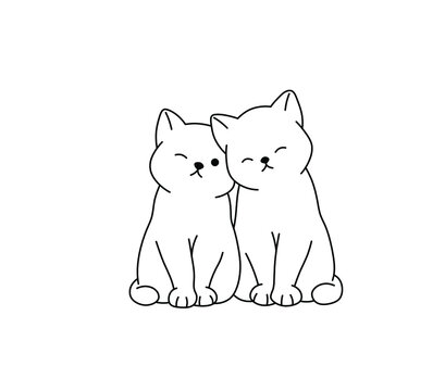 Vector isolated cute cartoon two cats in love contour black line graphic sketch