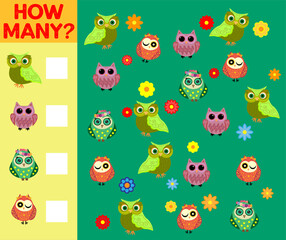 Cartoon Illustration of Educational Counting Activity Game for Children with Bird Characters