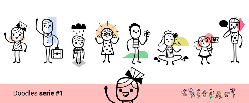 Doodle trait personnages dessin b&acirc;ton vecteur illustration stick figure &eacute;ditable noir et blanc vie quotidienne expression &eacute;motion collection