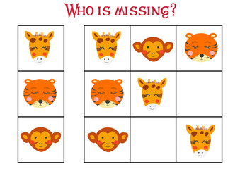 Sudoku game for children with pictures. Kids activity sheet. cute African animals