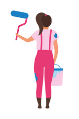 Girl with paint roller semi flat color vector character. Standing figure. Full body person on white. Painting walls at home isolated modern cartoon style illustration for graphic design and animation