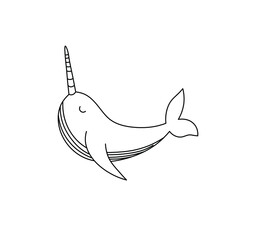Vector isolated cute cartoon narwhal line drawing. Colorless black line narwhal line sketch. © MariMuz