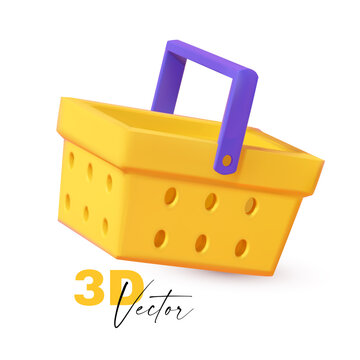 3D shopping basket. Colorful realistic render. Shopping icon. Sale sign.
